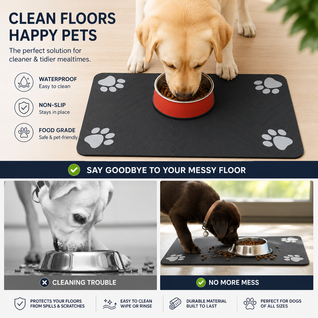Absorbent Pet Mat with Rubber Backing, Quick-Drying and Waterproof for Food and Water Bowls.
