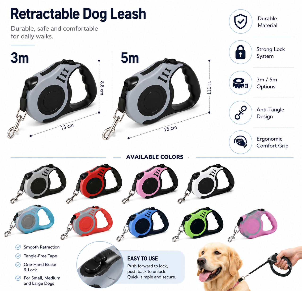Retractable Dog Leash 3M & 5M – Safety and Freedom for Your Pet