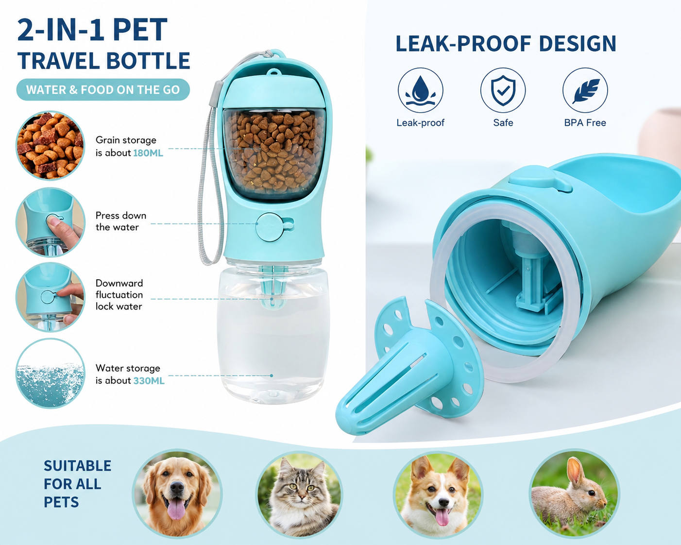 Portable Dog & Cat Water Bottle with Food Storage