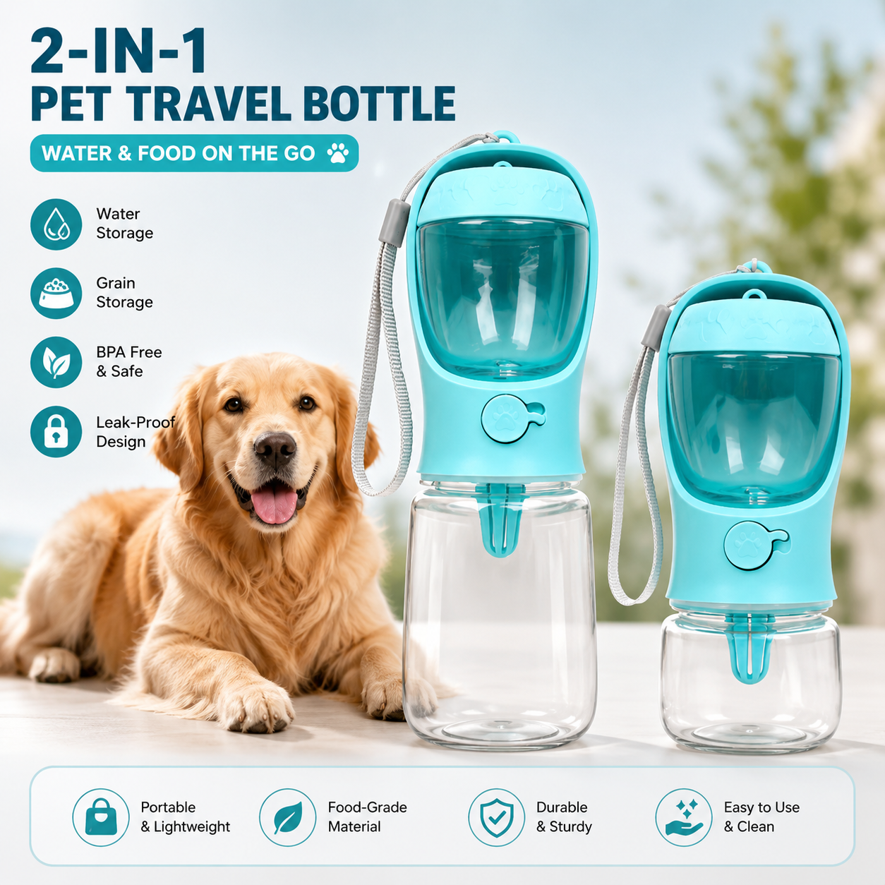 Portable Dog & Cat Water Bottle with Food Storage