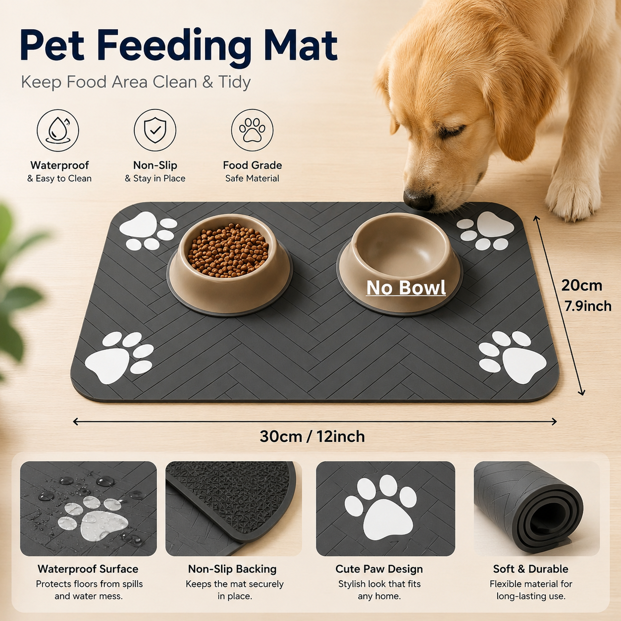 Absorbent Pet Mat with Rubber Backing, Quick-Drying and Waterproof for Food and Water Bowls.