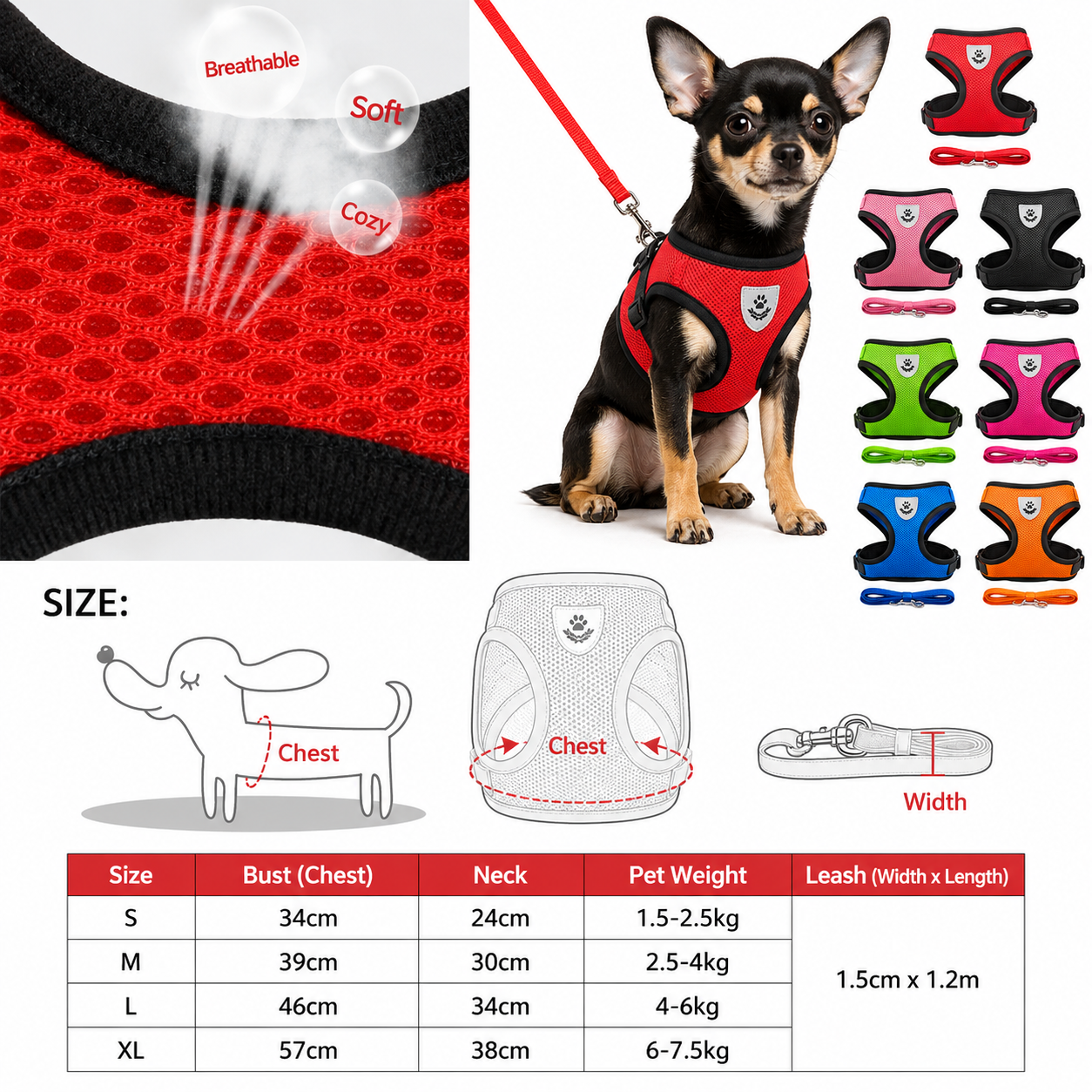 Adjustable Reflective Pet Harness with Leash
