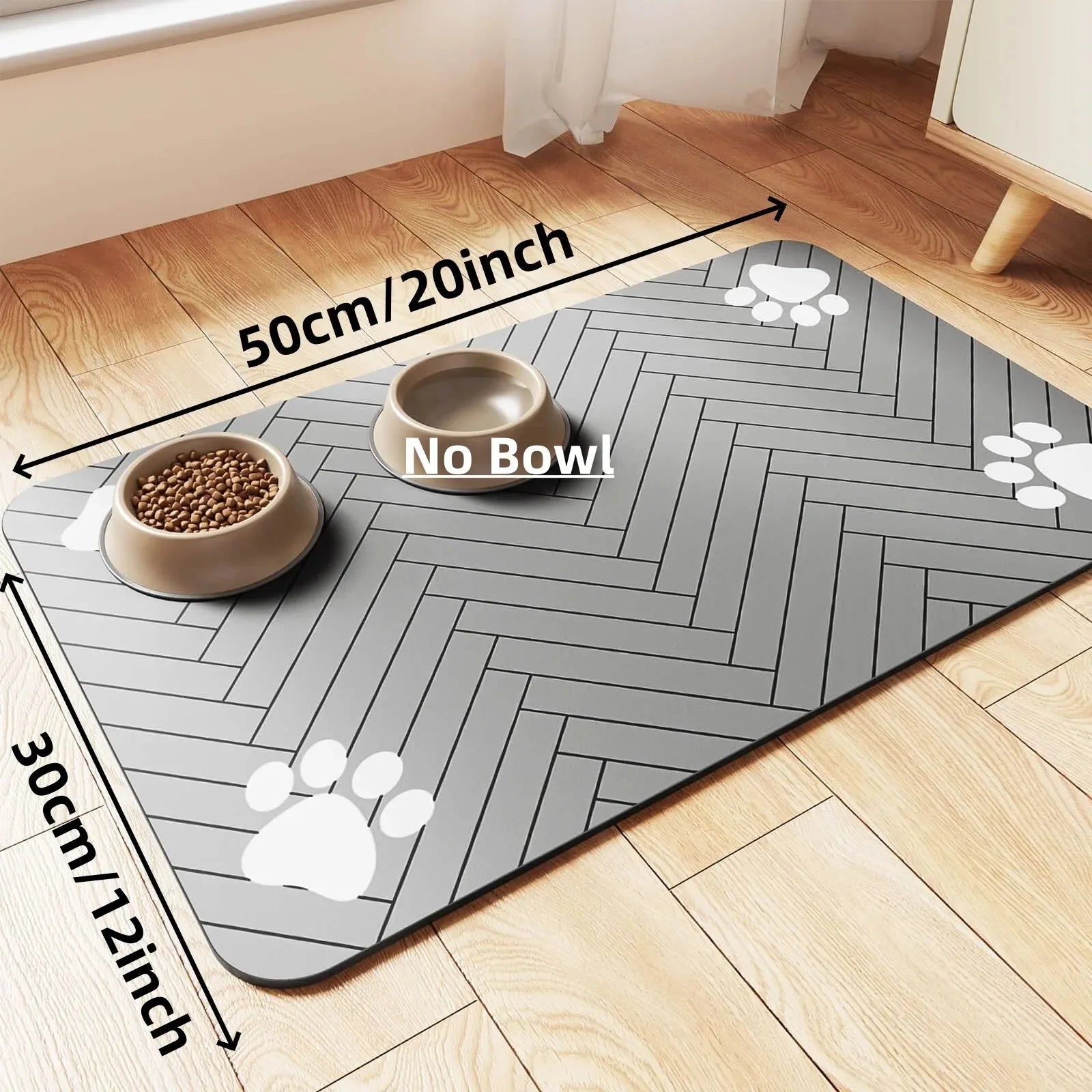 Absorbent Pet Mat with Rubber Backing, Quick-Drying and Waterproof for Food and Water Bowls.